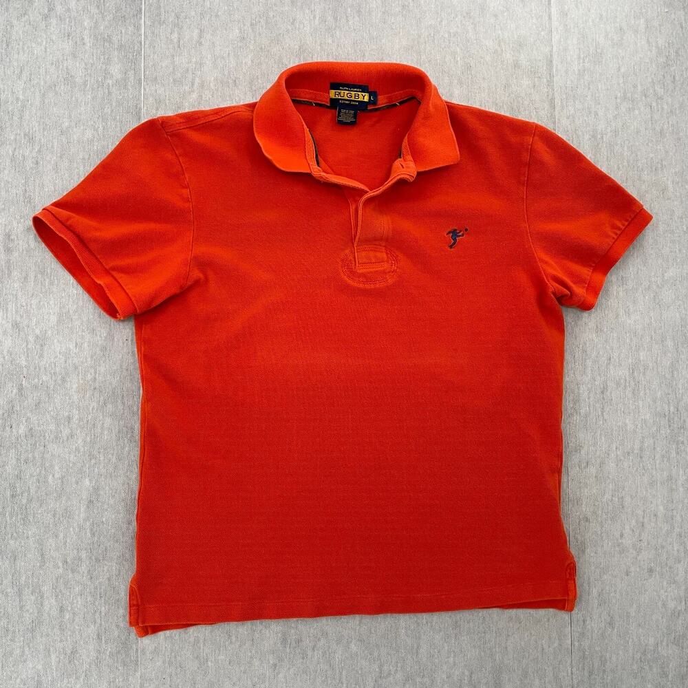 Ralph Lauren Rugby Shirt Adult Large Orange Polo Collar Button Short Sleeve Mens